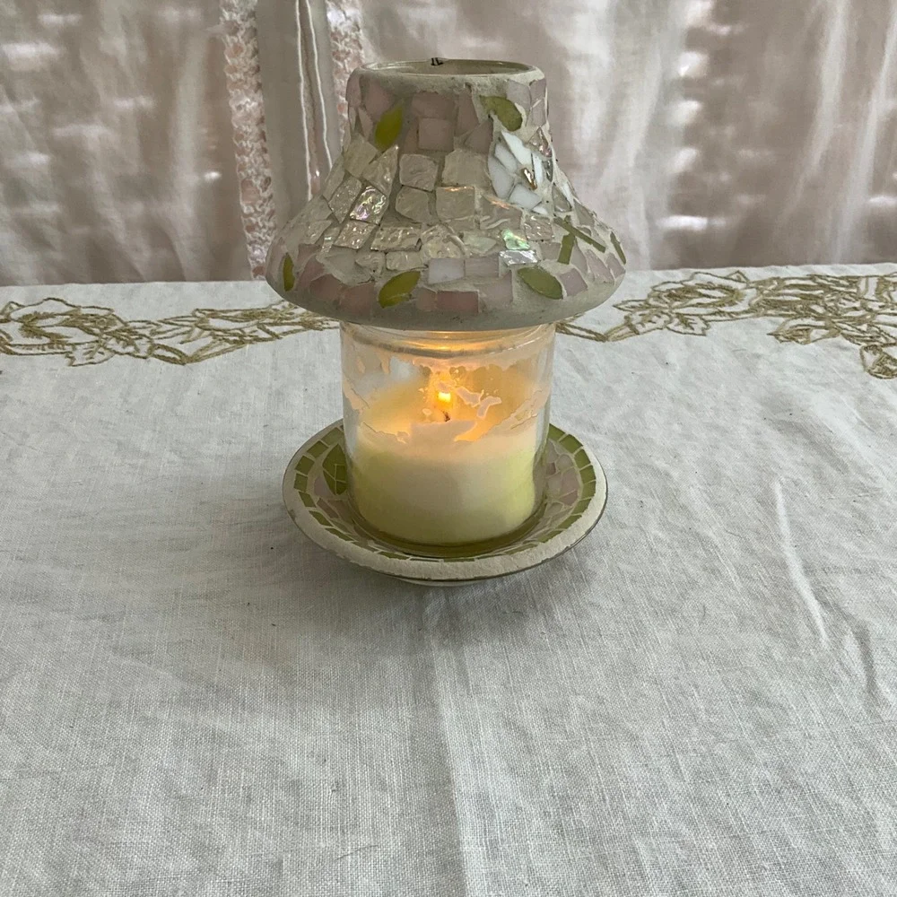 Yankee Candle Mosaic Glass Shade Tray Pink Green Iridescent Floral Fairy Lamp